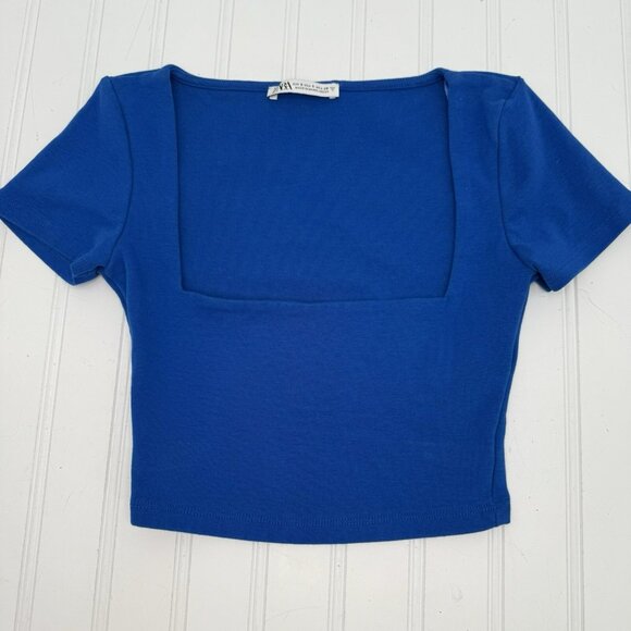 Zara Blue Square Neck‎ Crop Knit Top Size Small Short Sleeve Festival - Picture 1 of 5